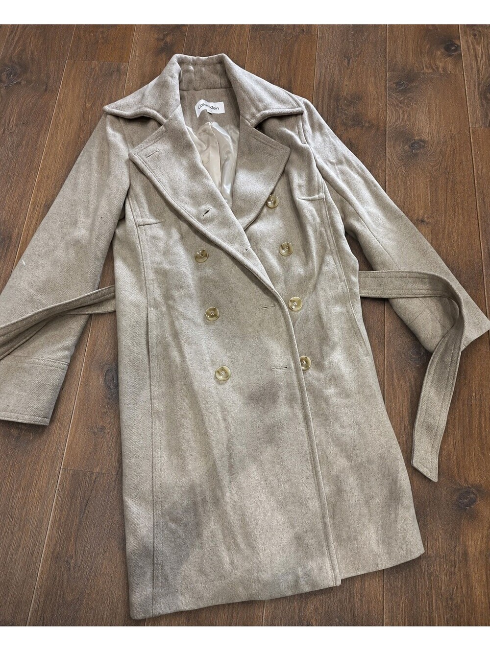 Calvin Klein Beige Belted Double-Breasted Long Coat Women’s Size 6 EUC